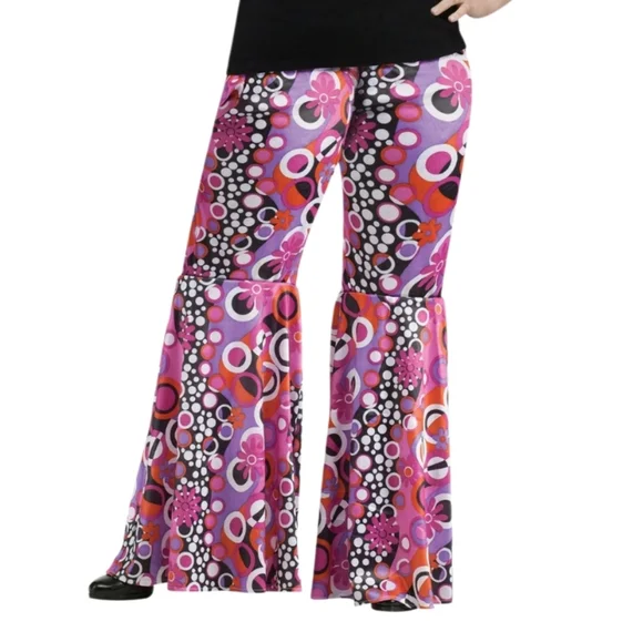 2 Pair Bell Bottom Hippie Pants Women's Floral And Peach Sign Flare Pants - Picture 3 of 11